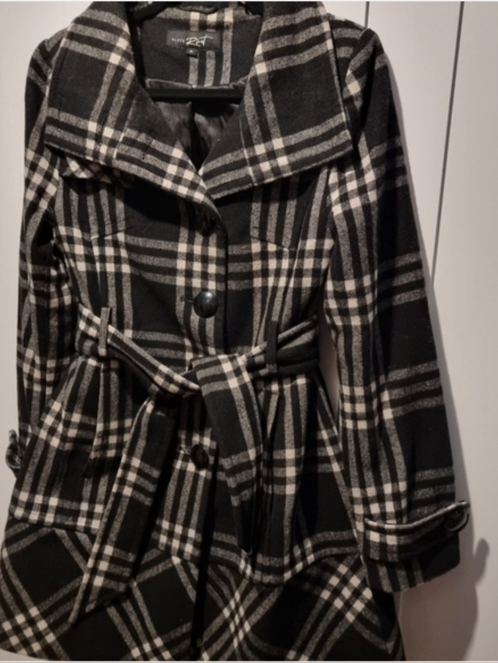 Vtg Black Rivet Wool Blend Women's Black & Cream Lined Plaid Belted Coat Size M